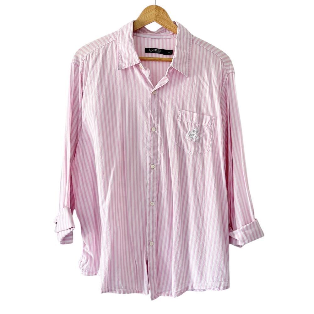 Lauren Ralph Lauren Striped Button Down Lounge PJ Shirt Pink White Size XL - Picture 3 of 5